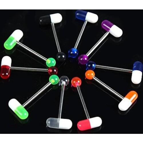 10pcs Mix Color Pill Tongue Piercing Rings Fashion Stainless Steel Mixed Candy Barbell Tongue Rings Women Body Piercing Jewelry
