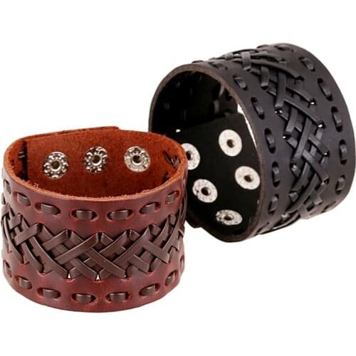 Handmade Casual Sport Retro Brown Black Wrap Snap Buckle Woven Charm Male Punk Men Genuine Leather Bracelets Bangle Jewelry