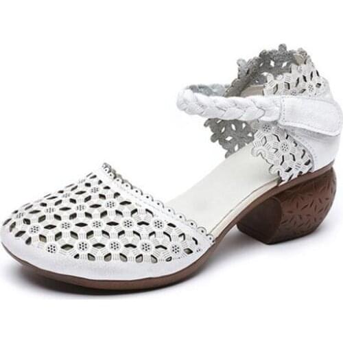 2020 Newest Summer Classic Retro Hollow Genuine Leather Sandals Elegant Comfort Non-slip High Heel Sandals Women Fashion Sandals