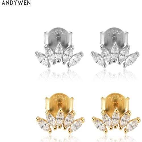 ANDYWEN 925 Sterling Silver Gold Clear Ovals Stud Earring Rock Punk Fine Jewelry Tiny Crystal CZ Zircon Clips Piercing Pendiente