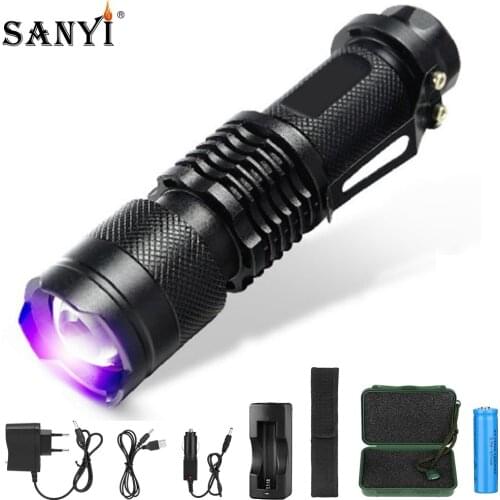 3 Mode Q5 LED UV Flashlight Ultraviolet Torch Adjustable Zoom Focus Mini UV Black Light Pet Urine Stains Detector Scorpion 14500