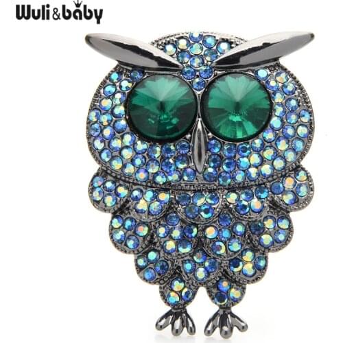 Wuli&baby Sparkling Owl Brooch Pins Women Unisex Full Rhinestone Green Eyes Owl Bird Party Causal Office Brooch Pins