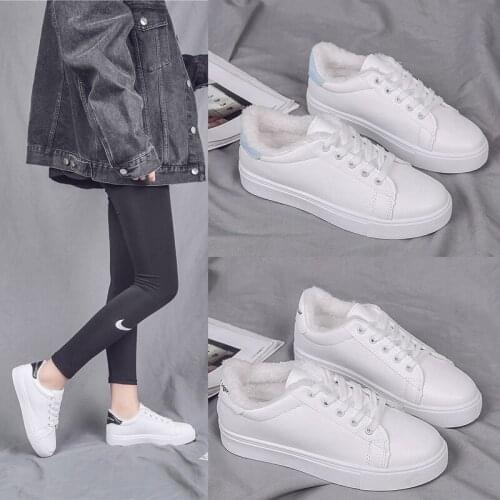 Sneakers Shoes Woman 2020 Spring Autumn New Fashion Round Head Lace Up Casual Shoes Warm Plush Students Solid Leather Flats