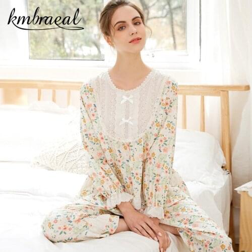 Womens Pajamas Suit Cotton Spring Autumn Sleepwear Print Soft Long-sleeved Trousers Lace Homewear 2 Piece Set Rural Style 2021
