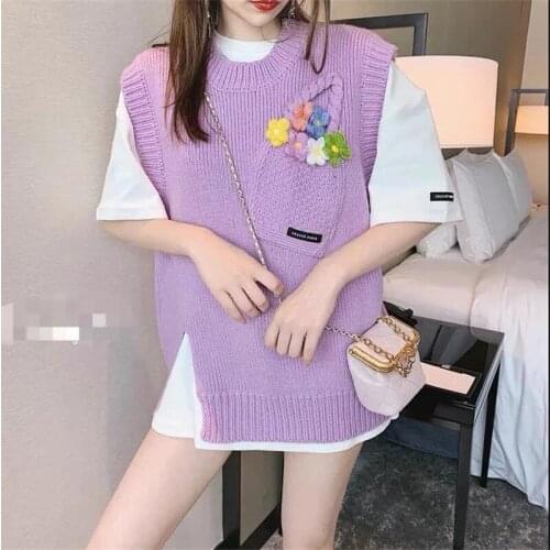 Women Sweater Vests 2021 Korean Sleeveless Loose Solid Vests Flower Knitted Sweater Ladies O-Neck Pullover Tops Female Outerwear