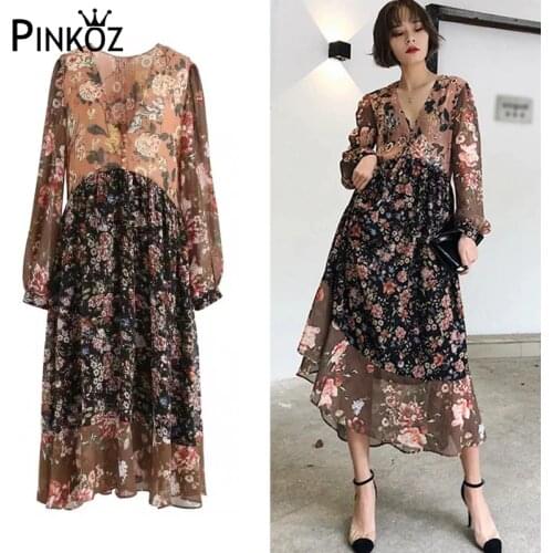 Pinkoz summer holiday floral printed v-neck resort midi dress for women loose chiffon high quality soft casual boho robe vintage
