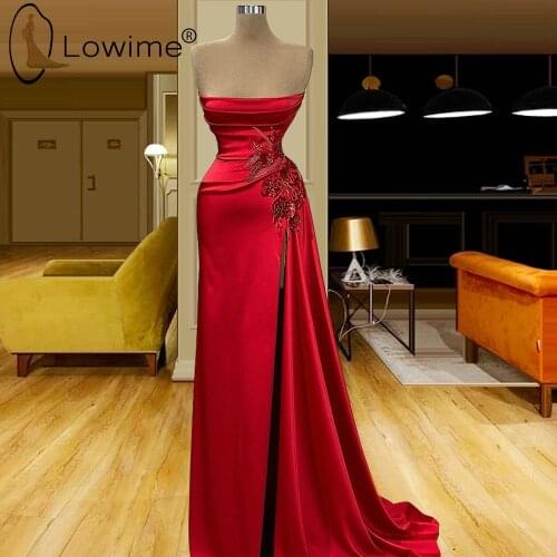 Lowime Simple Red Strapless Straight Long Evening Dresses with Split Applique Beads Satin Formal Gowns Abendkleider 2021