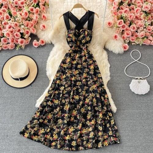 French Women Vintage Floral Print Long Dress 2021 Summer Fashion Spaghetti Strap Criss Cross Backless Lace-up Beach Maxi Dress