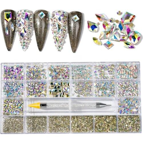 1 Box Crystal Rhinestone 3D Glitter Glass Gems Nail Art 1000Pcs/7200Pcs Nail Art Rhinestones Non Hotfix Crystal AB Glass Stones