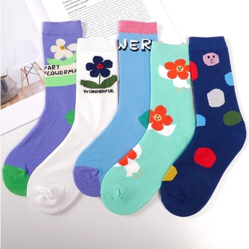 5 Pairs Socks Women Korean Japanese Harajuku Kawaii Socks Pack Girls Cartoon Flower Breathable Cotton Mid-tube Cute Sock Set