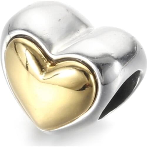 Authentic S925 Silver Bead DIY Jewelry Dome Golden Heart Charm fit Lady Bracelet Bangle