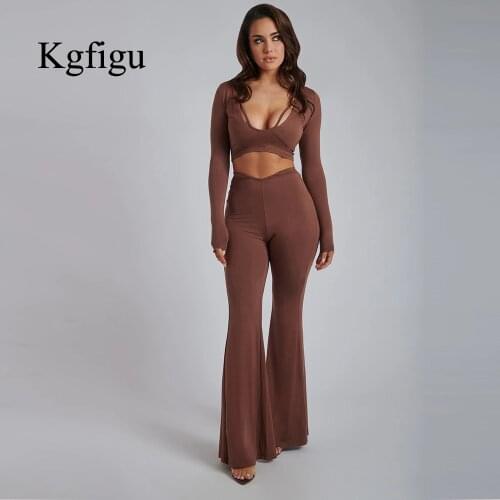 KGFIGU Pants Suit Women 2021 Autumn Ladies Long Sleeve Wrap Top And Wide Leg Pant Stylish Elegant Comfortable Two Piece Set