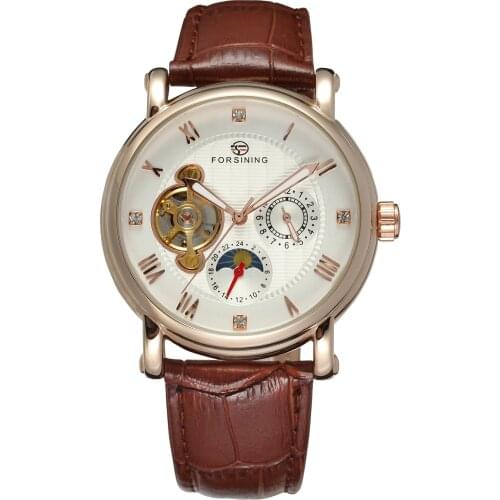 Forsining Top Brand Moon Phase Shanghai Movement Rose Gold Case Brown Genuine Leather Mens Watches Luxury Auotmatic Dress Clock