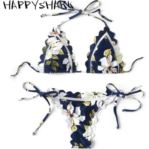 HAPPYSHARK Floral Cut Edge Bikinis 2019 New Female Summer Brazilian Biquinis Sexy Navy Blue Printing Beachwear Maillot De Bain