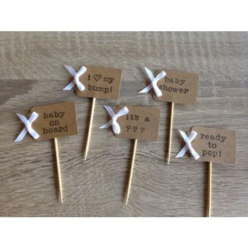 Customized ANY TEXT baby shower kraft cupcake toppers wedding baptism birthday party decoration doughnut picks
