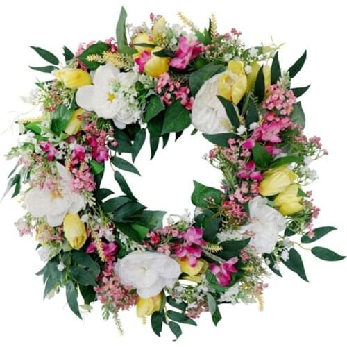 Artificial Bellflowe Daisy Wreath Silk Spring Summer Faux Floral ,20 Inch Wreath Front Door Hanging Garland for Indoor Home