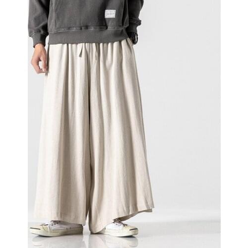 Chinese Style Loose Wide Leg Pants Linen Casual Trousers Black Plus Size Skirt Pants Fashion Baggy Flared Pants Men Clothing