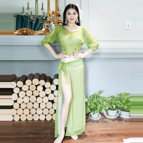 Belly Dance Suit New Summer Female Temperament Top Practice Clothes Profession Sexy Mesh Long Skirt Training Clothing