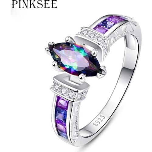 PINKSEE Beautiful Colorful Elliptical Crystal Zircon Rings Trendy Temperament Finger Rings