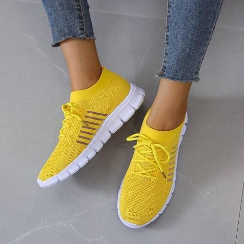 Summer Women Shoes Breathable Mesh Sneakers Pink Sock Shoes Knitting Slip On Walking Yellow Sneakers Casual Flat Shoes Outdoor