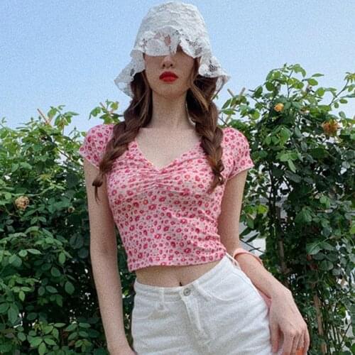 Summer Women Floral Tee Shirt Korean Style High Waist Slim V-neck Short Sleeve Short T-shirt