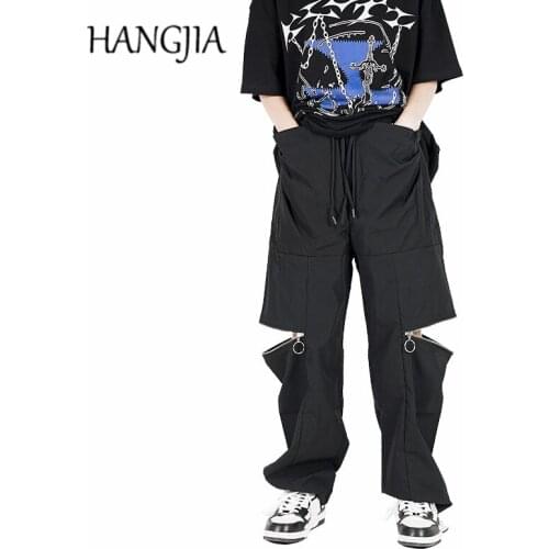 Harajuku Fashion Black Wide Leg Pant Streetwear Hip Hop Knee Zip Adjustable Trousers Men Women Loose Casual Pant High Elasticity