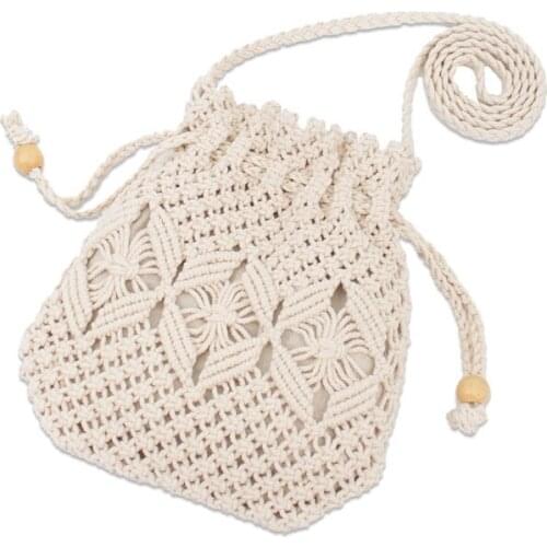 New Korean Woven Womens Satchel Ethnic Style Cotton Thread Drawstring Single Shoulder Bag