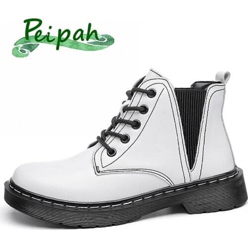 PEIPAH Winter Platform Chelsea Boots for Women Cow Leather Solid Shoes Ladies Solid Cross tied Ankle Boots Ladies Fashion Botas