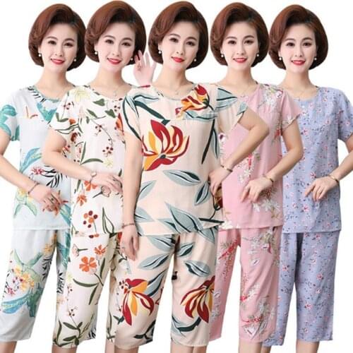 Middle-aged mother pajamas summer cotton pyjamas women short-sleeved sleepwear suit lounge home clothes loose pijama set L-4XL