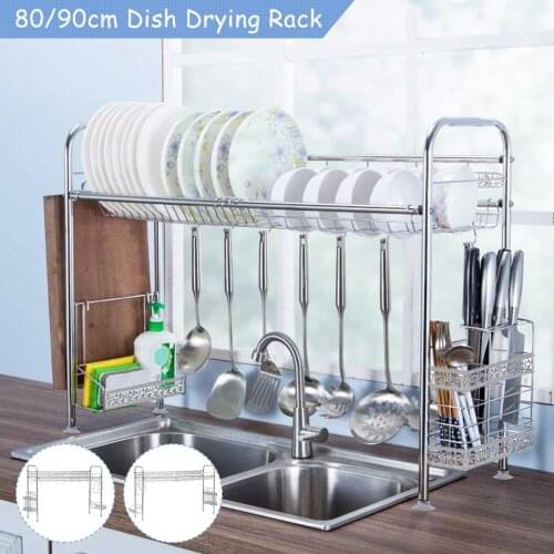 80/90cm Stainless Steel Dish Drying Rack with Drainboard Drainer Kitchen Light Duty Countertop Utensil Organizer Storage Home