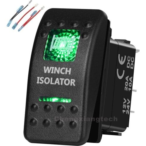 Green Led Printed Rocker Switch Winch Isolator 5P on-off SPST 12V/20A 24V/10A+Jumper Wires Set for Car Boat Waterproof