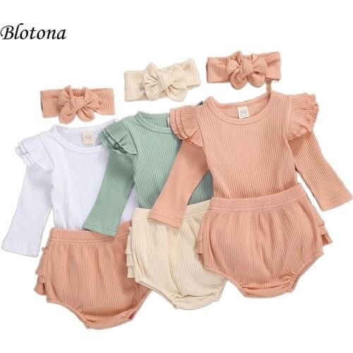 Blotona Baby Girls Solid 3Pcs Knitted Suit, Long Fly Sleeve Romper with Ruffled Triangle Crotch Short Pants and Hairband, 0-18M