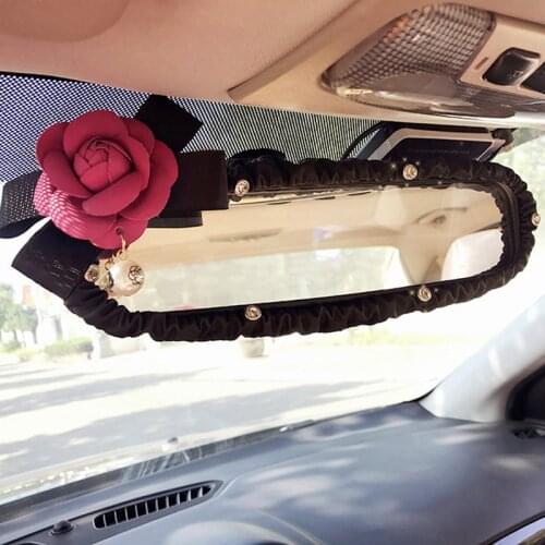 Camellia Flower Car Interior Rear View Mirror Cover Leather Auto Rearview Mirror Decoration Accessories For Women and Girls