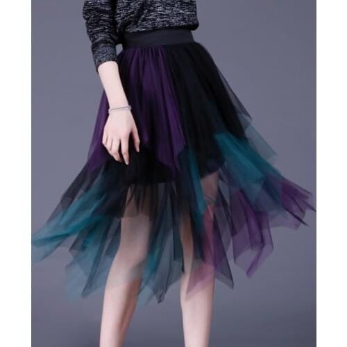 Womens New Fashion High Waist Tutu Pleated Irregular Block Contrast Color Mesh Lace Skirt Tulle Skirt