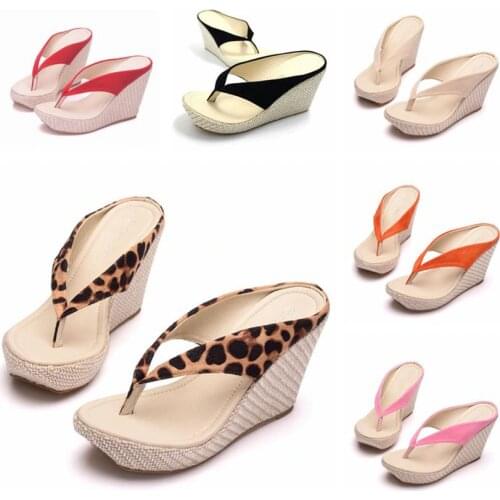 Crystal Queen Fashion Summer Style Women Sandals High Heels Flip Flops Beach Wedge Sandals Leopard Print Platform Wedge shoes