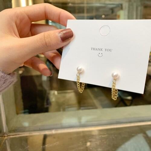 Gold Color Metal Chain Tassel Pendant Simulated Pearl Stud Earrings for Women Female 2021 New Fashion Elegant Jewelry Gifts