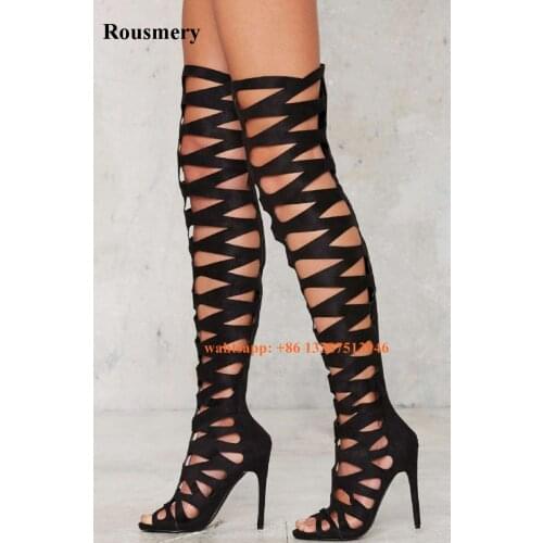 Spring Summer New Fashion Women Open Toe Suede Leather Over Knee Gladiator Boots Cut-out Long Bandage Thin High Heel Boots
