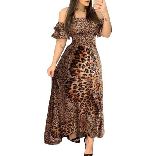Butterfly Leopard Print Women Summer Autumn Off Shoulder Long Dress Casual Shirring Design Ruffle Maxi Dresses Vestidos