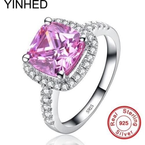 YINHED 100% Solid 925 Sterling Silver Rings for Women Set 8mm 2 Carat Pink Zircon CZ Engagement Rings Fashion Jewelry HFR00