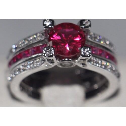 New Fashion Jewelry 925 Sterling Silver Red Round 5A Cubic Zirconia Birthstone Wedding Party Women Bridal Ring Set Gift Size5-10