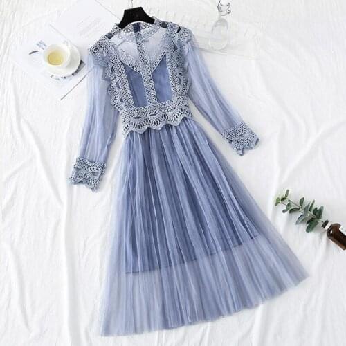 High Quality Lace Mesh Dress 2021 Women Summer O-Neck Long Sleeve Sling Dress 2-Piece Set Elegant Slim Party Long Dress