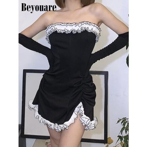 Beyouare Sexy Gothic Floral Edge Dress Women Streetwear Slash Neck Patchwork Split Skinny Mini Dresses 2021 Summer Elegant Style