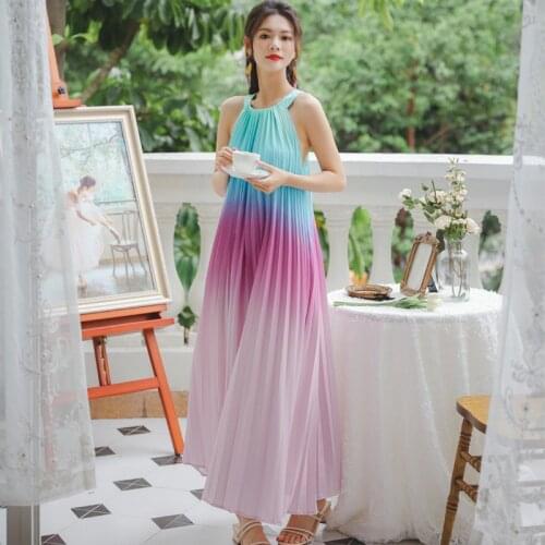 Summer Gradient Sleeveless Halter Beach Bohemian Maxi Dress Women Sling Loose Casual Pleated Sundress Female Fashion Vestidos