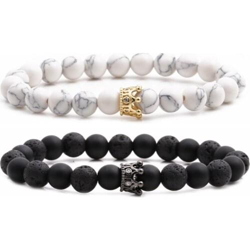 2 Pcs/set 8mm Natural stone Beads Bracelet Pave CZ 4 style Flower crown Bracelets for Women&Men fashion Jewelry charm Pulseras