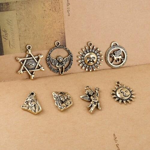 Retro style 50pcs/lot cartoon angel/rounds/sun shape alloy floating locket charms diy jewelry earring/garment accessory