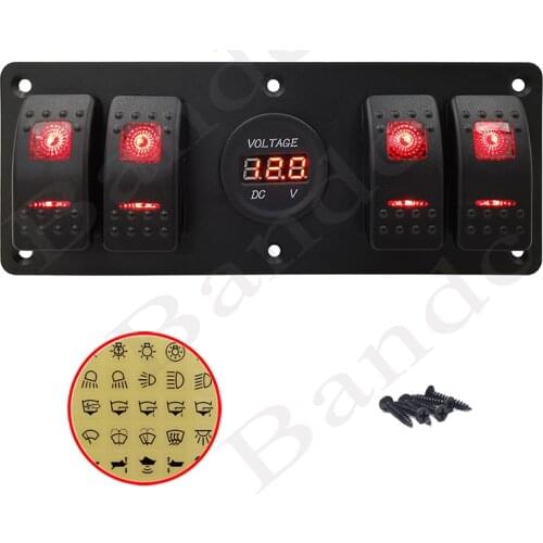 Car Boat Dashboard Muti-function Rocker Switch Panel with RED Digital Voltmeter 4 Illuminated Led Light Toggle Switch