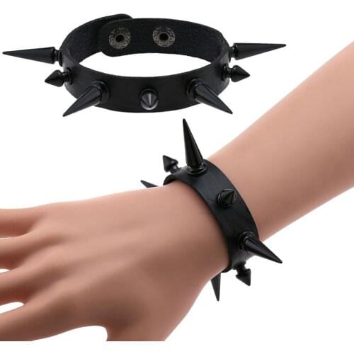 Punk Gothic Rock Cuspidal Black Spikes Rivet Cone Stud Wide Leather Cuff Bracelet Wristbands Charm Bangle Emo Bileklik Pulseiras