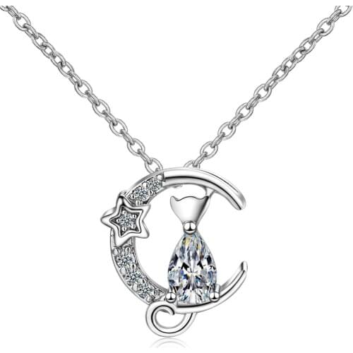 DIC70 Hot Sell Elegant Little Cat Animal Shine CZ Zircon 925 Sterling Silver Ladies Pendant Necklace Jewelry For Women