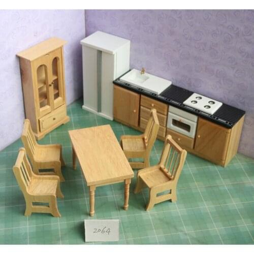 Doub K 1:12 Wooden Dollhouse Furniture toy Miniature refrigerator table stove kitchen set dolls house pretend play toys for girl