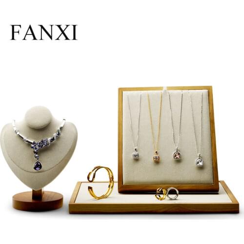 FANXI Solid wood Cream-white&Dark gray Folding Necklace&Pendant Display Stand with Microfiber Insert for Earrings Exhibition